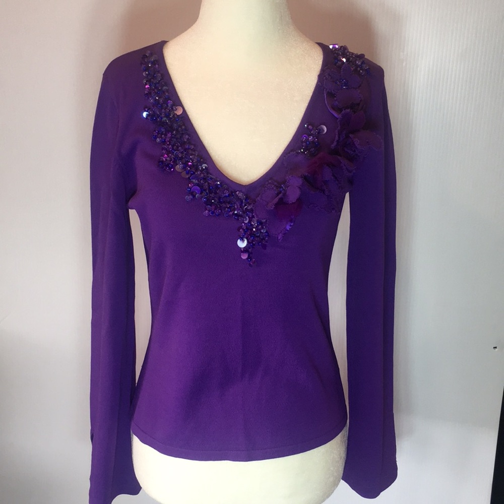 Purple sweater . Sz S . Beaded/sequins Vneck